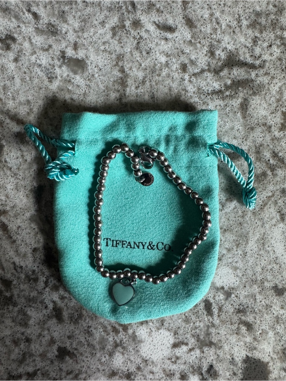 Tiffany & Co. Silver Bead Bracelet with Heart Charm in Tiffany Blue